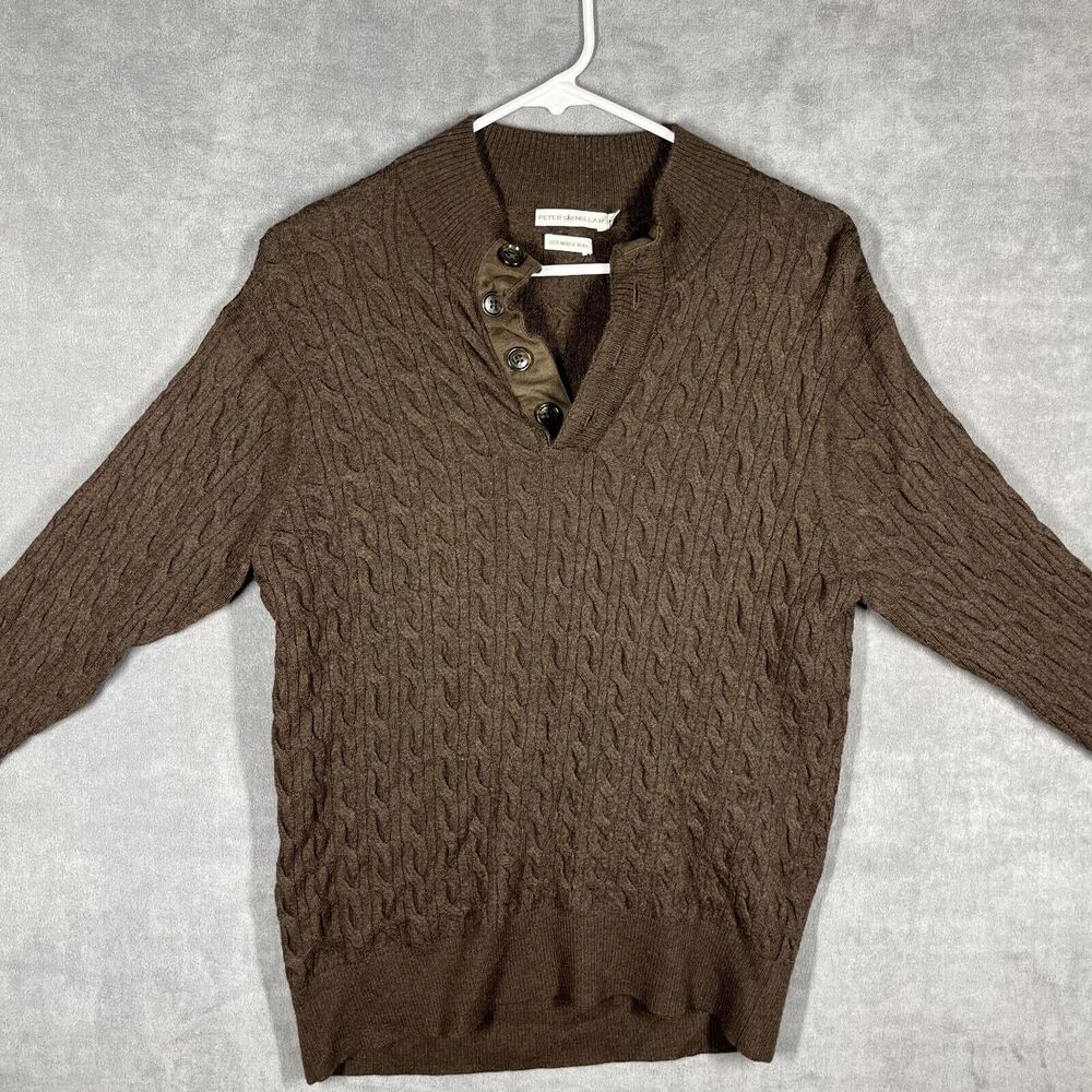 Peter Millar Sweater Men's Medium Brown 100% Merino Wool Cable-Knit Long Sleeve